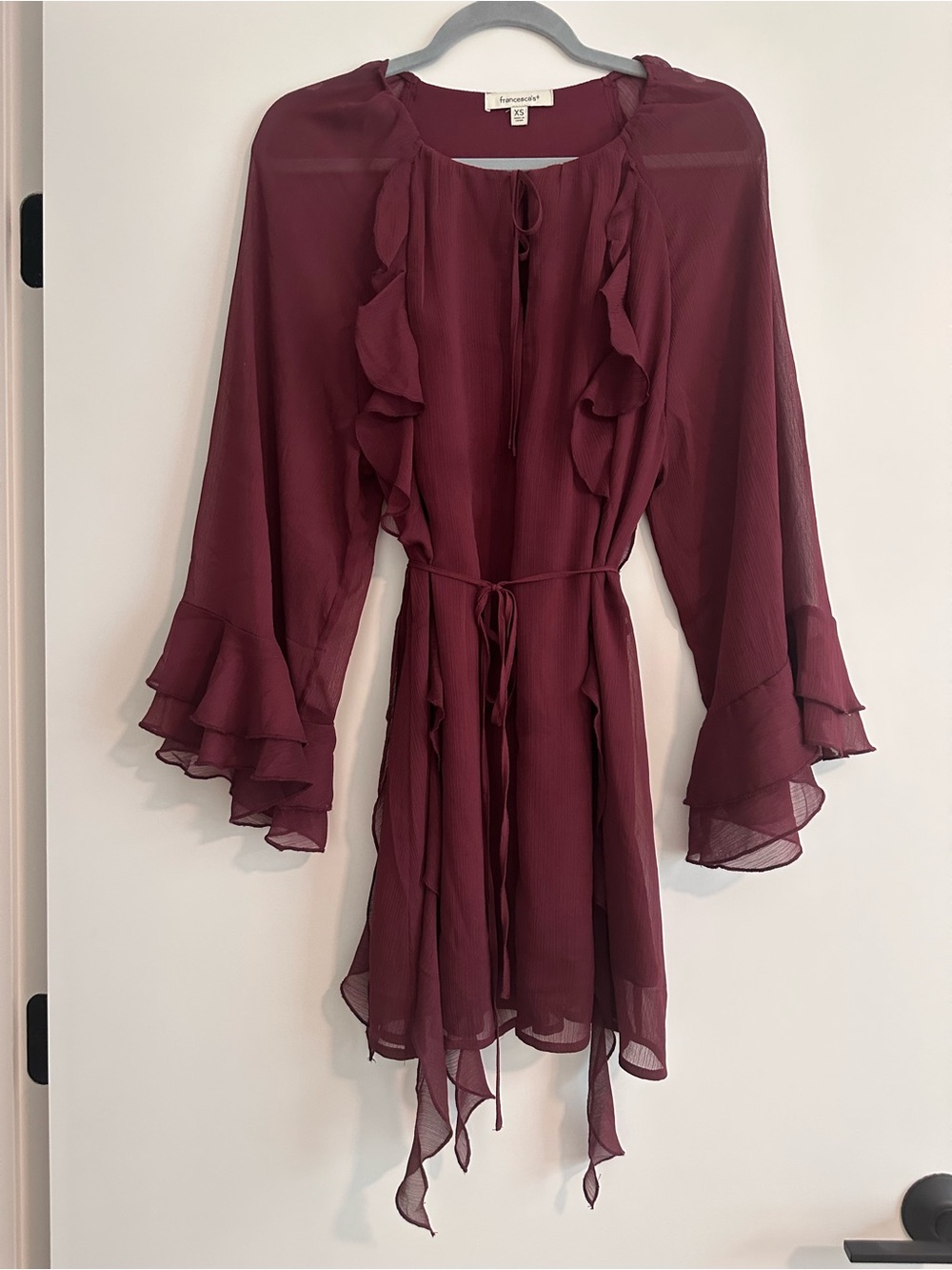 Francesca’s Burgundy Ruffle Sleeve Mini Dress | Never Worn | XS